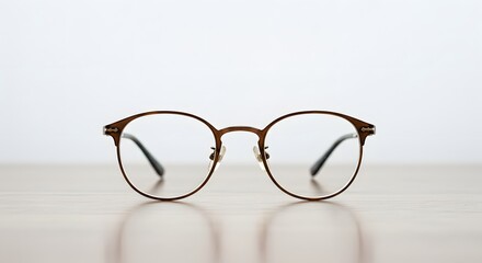 Brown Eyeglasses with Thin Frame on Wooden Surface