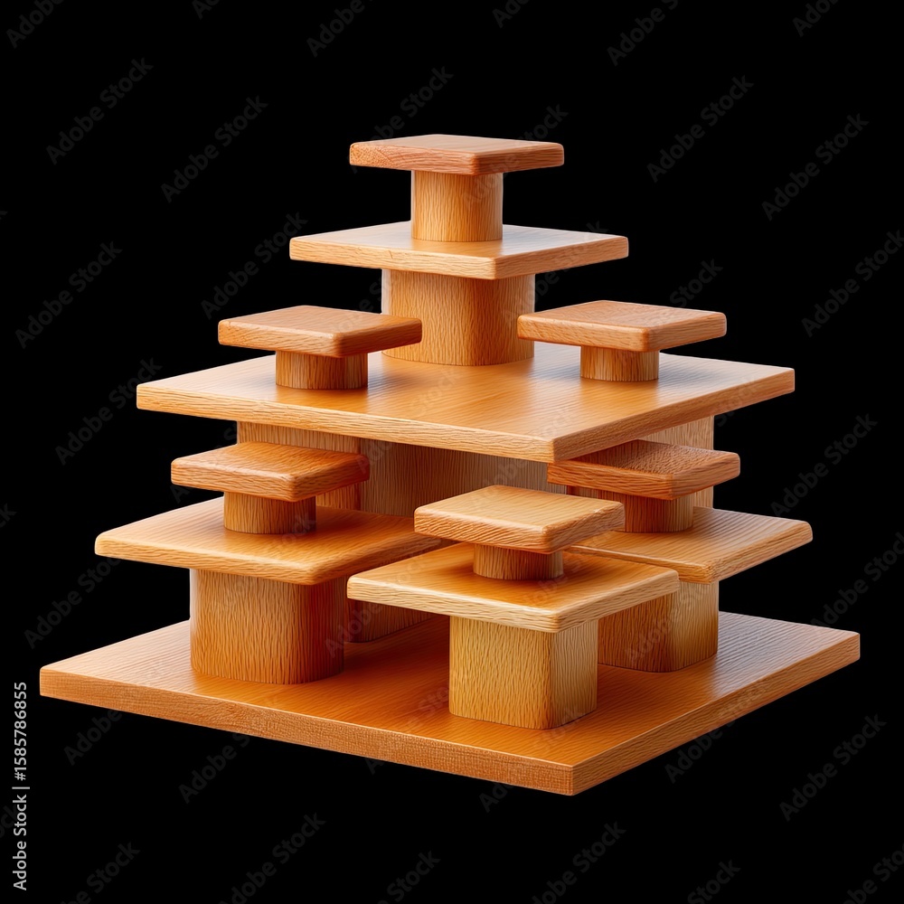Poster geometric wooden puzzle structure with layered platforms for cognitive development and play