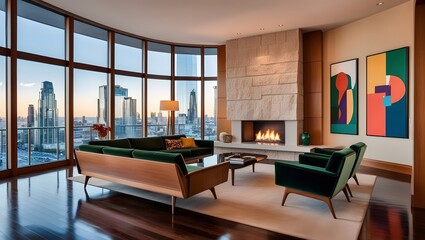 Premium high dynamic range hdr photo of a modern rustic living room with fireplace classic leather sofas decorative lighting and refined home accessories highlighting an elegant home interior