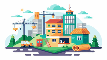 Naklejka premium Vector art of a dynamic construction scene featuring buildings in progress, cranes, a car, and logs, under a sunny sky with clouds