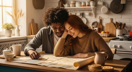 Romantic Journey Planning Together ? Cozy Kitchen Scene