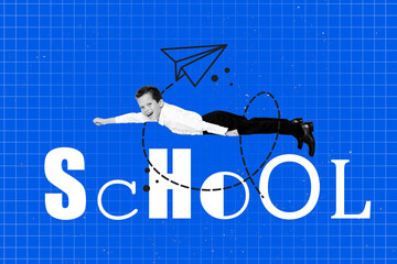 Art sketch image full 3d collage of happy schoolboy fly superhero pose back to school education...