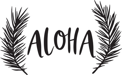 set of black vectors of word aloha and tropical leaves