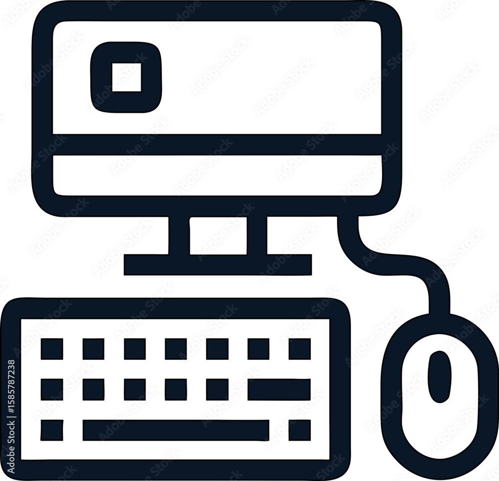 Poster clean vector design of a desktop computer setup, ideal for icon. monitor, keyboard, mouse