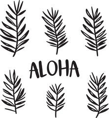Fototapeta premium set of black vectors of word aloha and tropical leaves