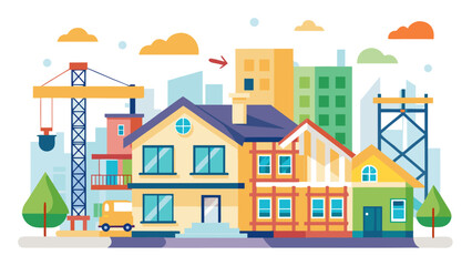 Vector art of a vibrant illustration of a construction site with houses and cranes under a cloudy sky