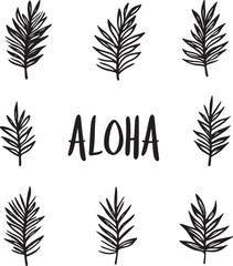 Obraz premium set of black vectors of word aloha and tropical leaves