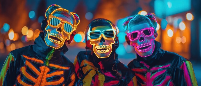 The vibrant neon skull masks illuminate a lively party atmosphere. - Powered by Adobe
