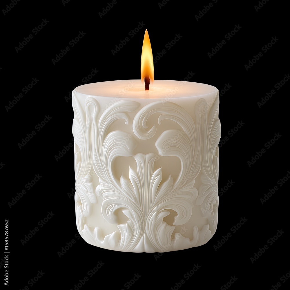 Poster elegant white candle with intricate pattern and soft flame glowing against dark background