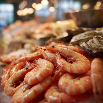 Fresh shrimp and other seafood are displayed in a shop or fish market