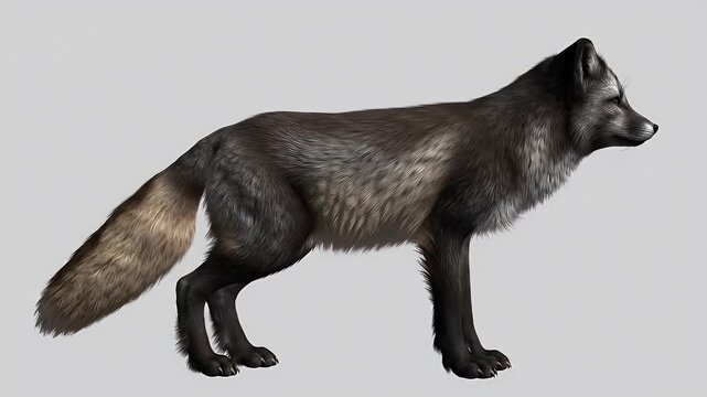 Elegant Silver Fox Full Body Profile Illustration with Dark Fur and Bushy Tail on Isolated Background