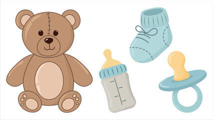 Set of baby items - teddy bear, feeding bottle, baby booties, pacifier. Baby gear. Children's clipart