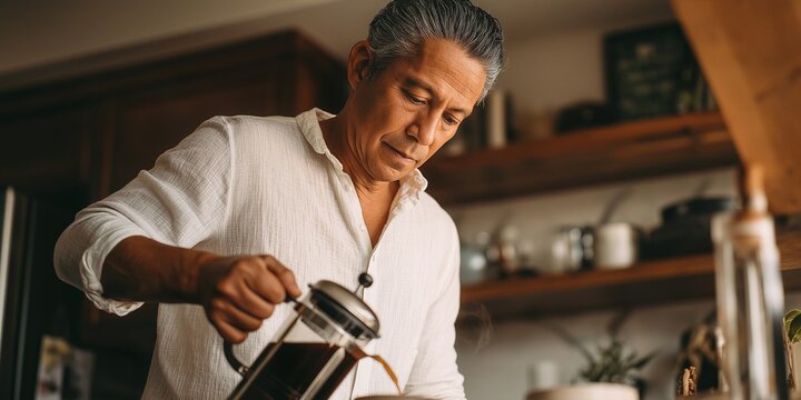 Man Enjoying Coffee Morning Routine with French Press in Cozy Kitchen. international coffee day