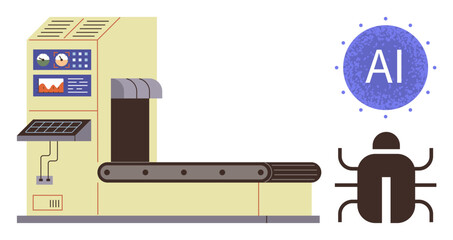 Automated conveyor linked to AI system, human interacting with operations. Ideal for automation, production, AI tech, robotics, innovation, human-tech synergy, simple flat metaphor