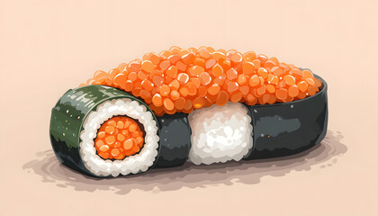 Cute Vector Ikura Sushi with Bright Orange Salmon Roe on Seaweed Wrap – Pastel Background