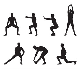 Stretching Exercises Silhouette, Vector Illustration Isolated on White