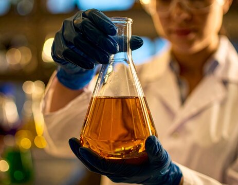 Medical professional in lab coat and protective gloves holding a flask filled with colorful liquid inside