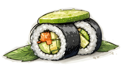 Simple Vegetarian Avocado Sushi Roll with Cucumber and Rice – Flat Vector on Transparent