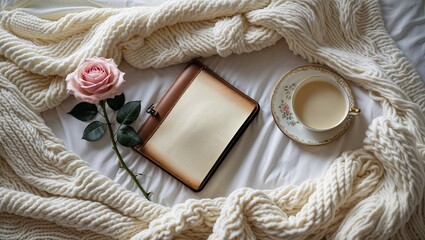Soft cream color knitted blanket on the bed with open book and delicate rose. Nearby, a steaming cup of milk tea sits, emitting a warm, inviting aroma. Copy space.