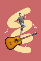 Trend abstract collage of person stand win guitar with musical note on red color background