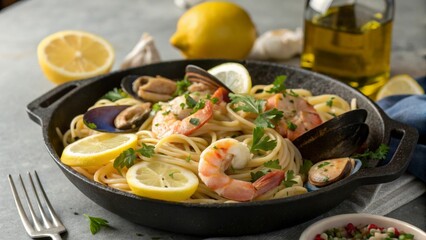 Seafood spaghetti glistening with lemon, parsley sprinkled shrimps and mussels in rustic pan serving