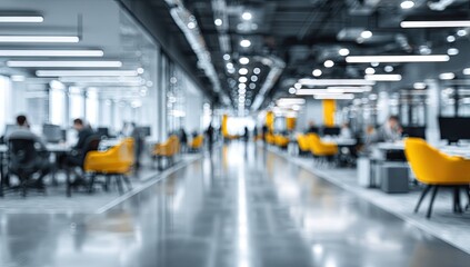 Blurred office interior background with a blurred door and glass wall, blurry bokeh light effect for a business concept design. High-quality photo, taken with a telephoto lens in realistic daylight.
