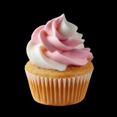 Delicious pastel cupcake with swirls of pink and white frosting on a black background showcasing a tempting dessert