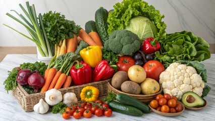 Variety of fresh organic vegetables arranged on a marble countertop, promoting healthy eating and farm to table concept