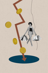 Banner 3d pop photo collage of inexperienced businesswoman businessman stand arrow decline dollar...
