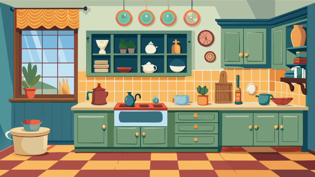 Vector art of a classic kitchen scene with green cabinetry, a checkered floor, and a window overlooking a garden