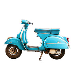 Obraz premium A vintage, light-blue scooter, slightly weathered, is shown in profile view against a black background. Its classic design features a curved body, a comfortable seat, and slightly dirty wheels