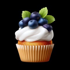 Delicious blueberry cupcake topped with creamy frosting and fresh mint leaves on a black background