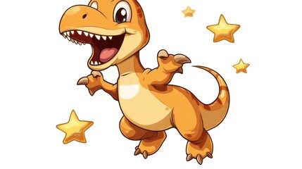 Cute cartoon dinosaur, joyful expression, stars