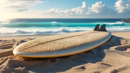 Obraz premium a sandy surfboard resting on the beach with a stunning ocean view in the background.