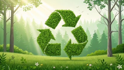 Green foliage creating recycling sign hovering over forest clearing, representing ecological harmony and sustainable ecosystem preservation