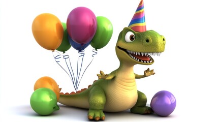 Cartoon dinosaur with party hat and balloons