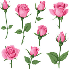 set of adorable colourful drawn cartoon roses flowers