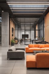 Modern Industrial Co Working Space Lounge with Comfortable Sofas and Glass Walls