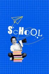 Sketch image 3d pop banner collage of happy schoolboy hold megaphone book stack literature subject...