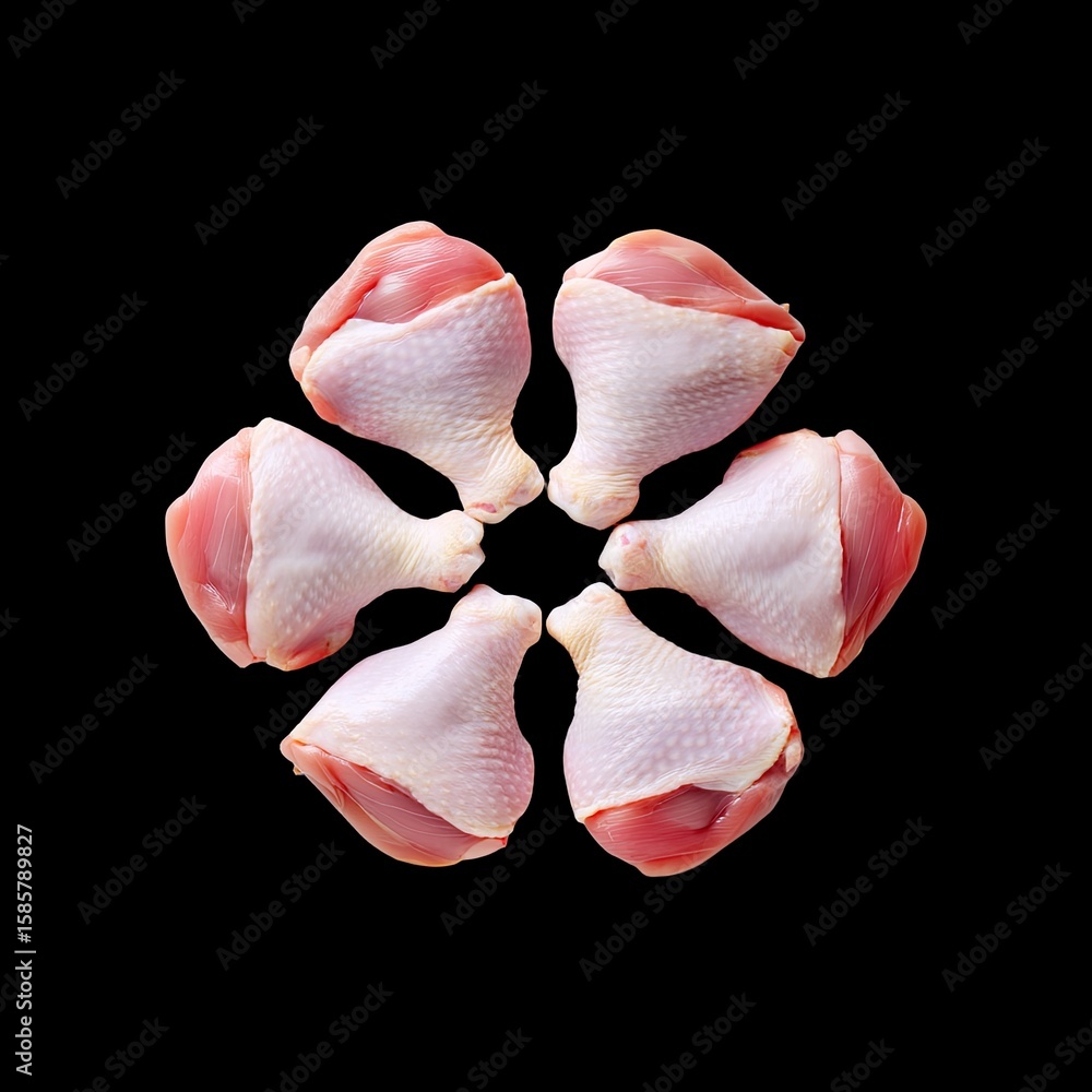 Poster fresh raw chicken drumsticks arranged in a circular pattern on a black background