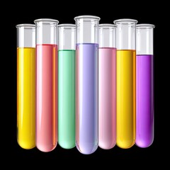 Colorful Test Tubes with Liquid Solutions in a Laboratory Setting on a Black Background