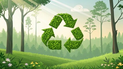 Green foliage shaping recycling icon floating over verdant woodland, symbolizing ecological harmony and environmental stewardship