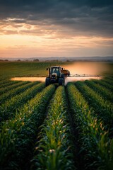 Fototapeta premium Tractor Spraying Crops in Green Field at Sunset with Dramatic Sky