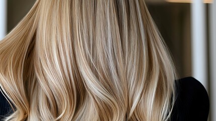 Naklejka premium Luxurious blonde wavy hair with natural balayage highlights shown from behind, demonstrating professional hair coloring technique and healthy, shiny hair texture.