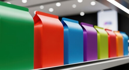 Retail display featuring bold and dynamic packaging color schemes side by side.