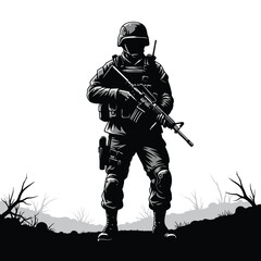 Silhouette of a soldier with a weapon on the battlefield