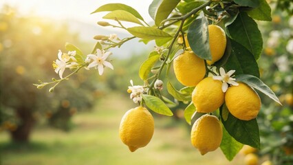 Ripe lemons dangling from branch, sunlight illuminating citrus blossoms in golden orchard landscape, showcasing agricultural abundance