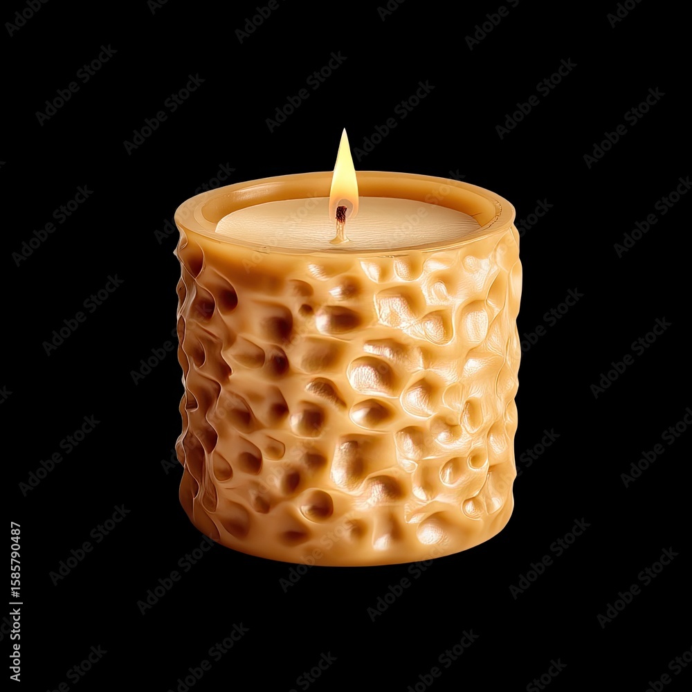 Poster textured honey candle glows in dark setting with flickering flame and unique design for relaxing amb