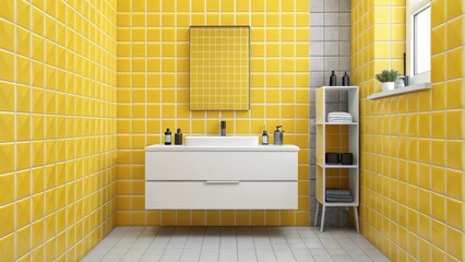 Interior of a modern bathroom featuring yellow tiles, a white sink, a mirror, and a small window, creating a vibrant and stylish space