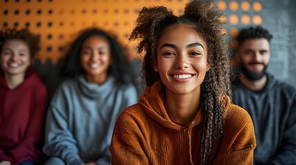 Young diverse group of friends smiling and laughing together, wearing casual hoodies and sweaters. Natural authentic moments of joy and connection in modern setting.